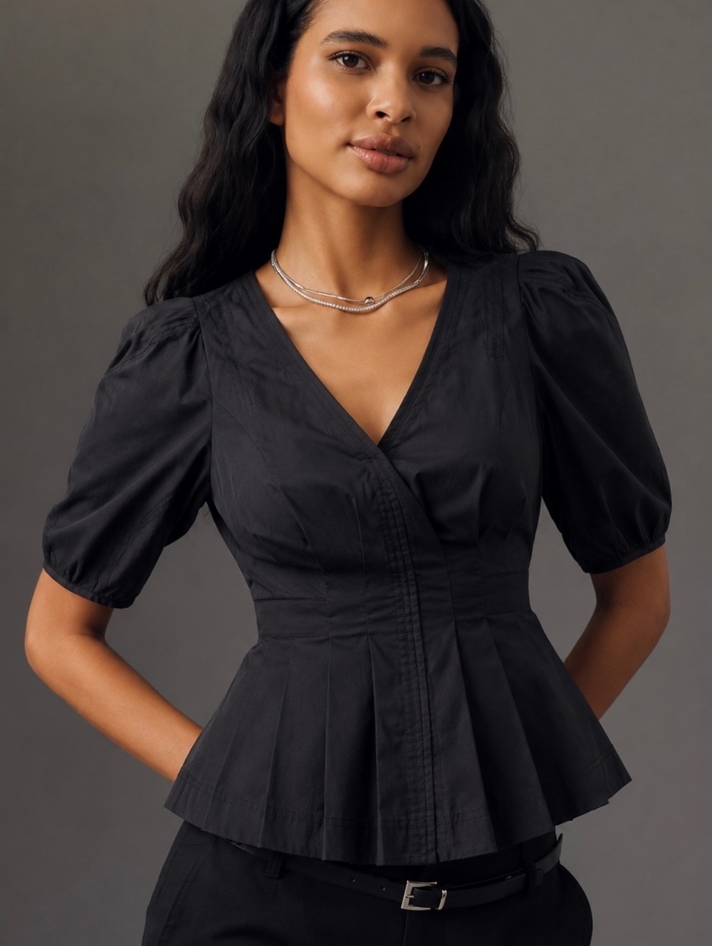 Jason Wu Black Cotton Blend Peplum Top with Puff Sleeves